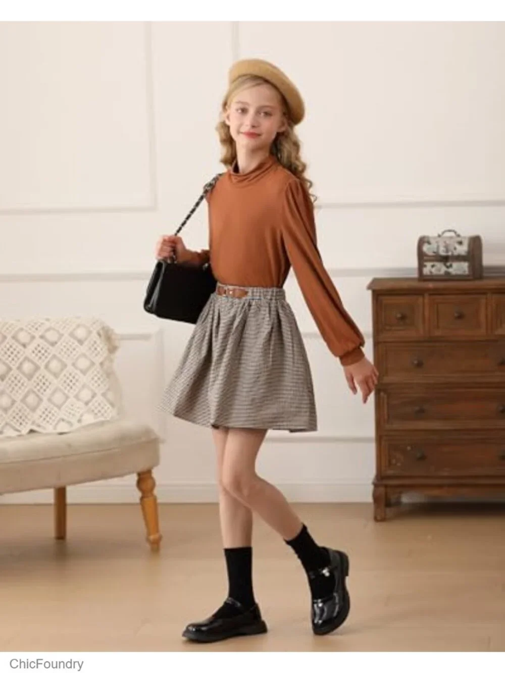 Girls Plaid Skirt Set 2 Piece Outfit Long Sleeve Mock Neck Top